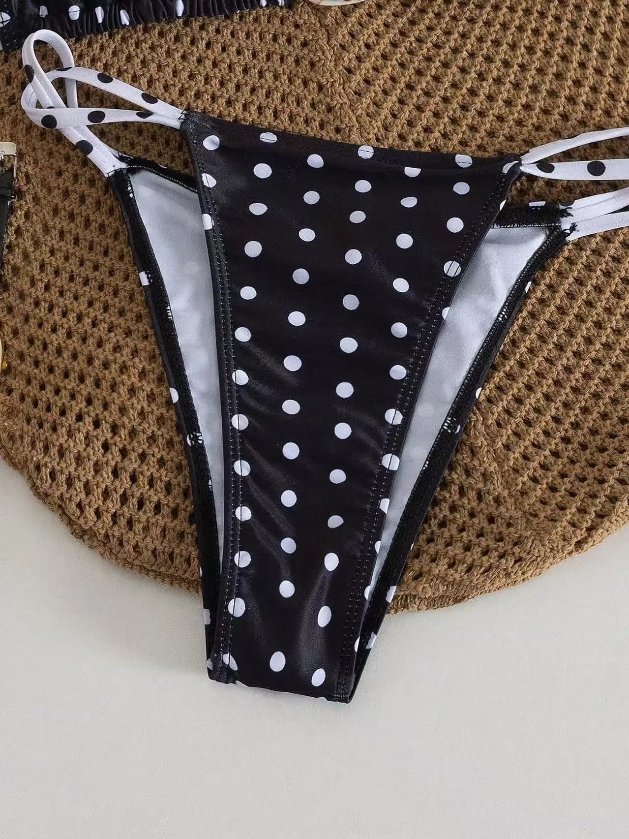 Black Polka Dot Print Micro Bikini Metal Chain Push Up Bra Hollow Out Thong Swimsuit Beach Bathing Suit Swimwear