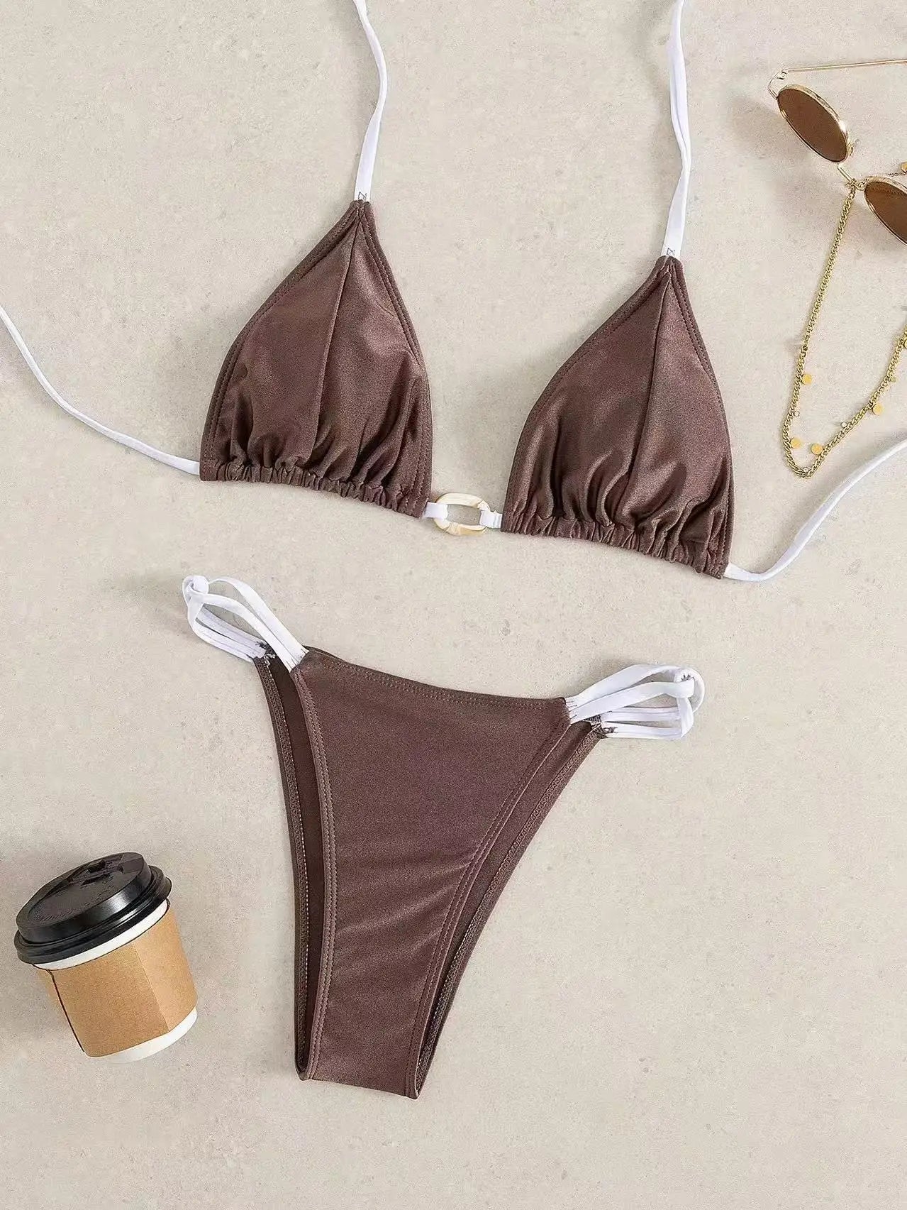Black Polka Dot Print Micro Bikini Metal Chain Push Up Bra Hollow Out Thong Swimsuit Beach Bathing Suit Swimwear