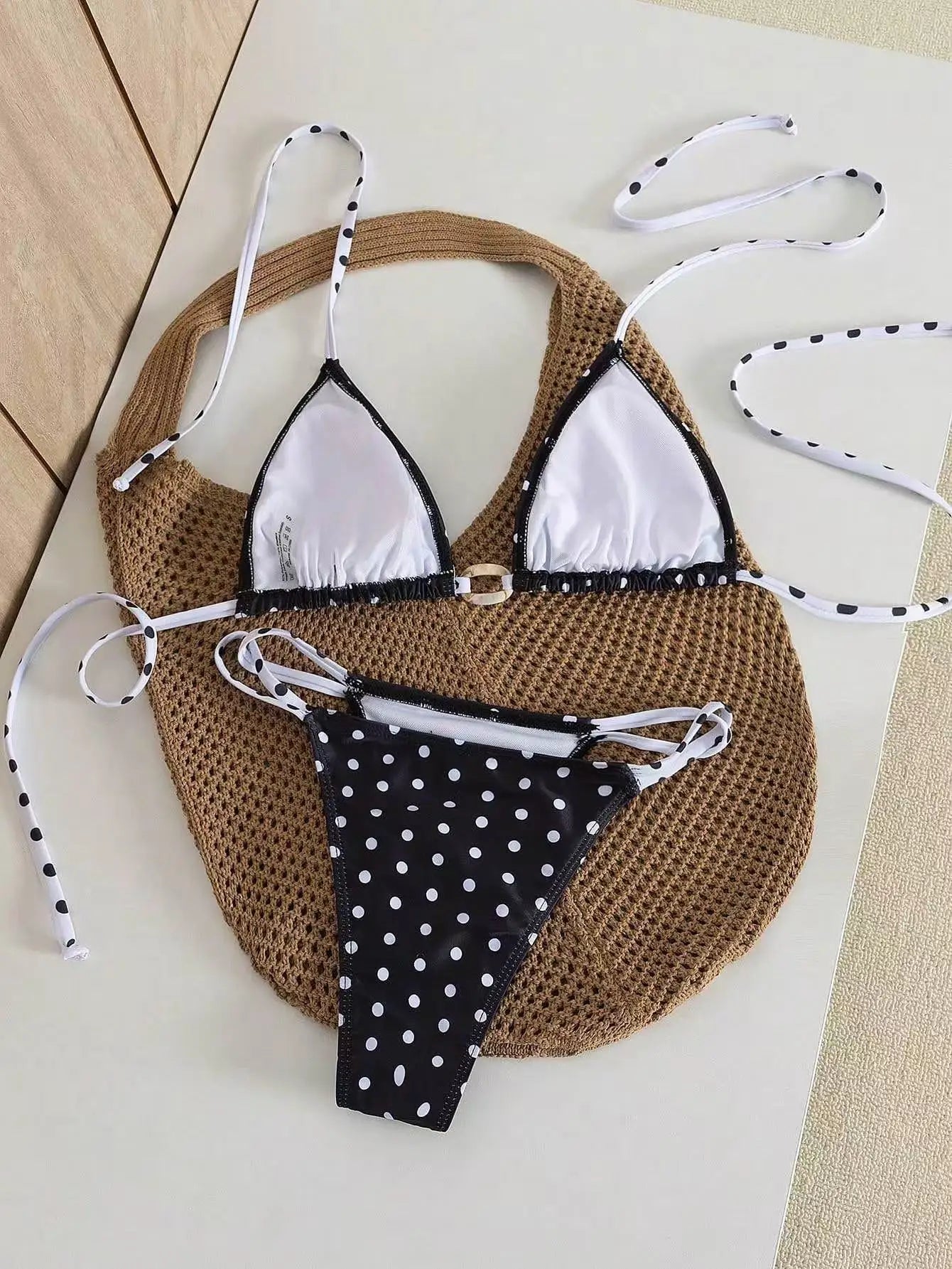 Black Polka Dot Print Micro Bikini Metal Chain Push Up Bra Hollow Out Thong Swimsuit Beach Bathing Suit Swimwear