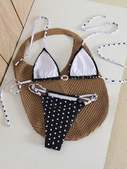 Black Polka Dot Print Micro Bikini Metal Chain Push Up Bra Hollow Out Thong Swimsuit Beach Bathing Suit Swimwear
