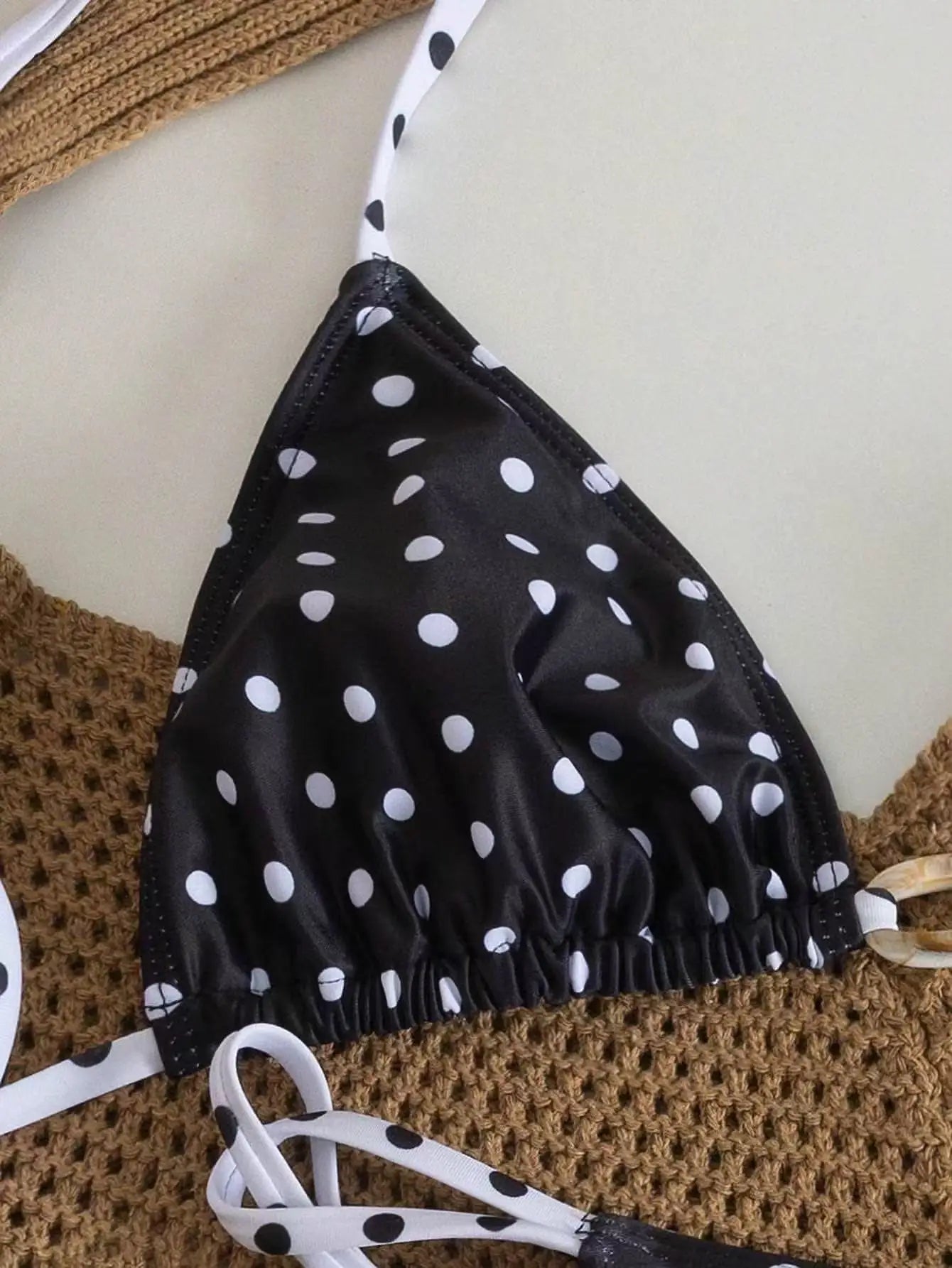 Black Polka Dot Print Micro Bikini Metal Chain Push Up Bra Hollow Out Thong Swimsuit Beach Bathing Suit Swimwear