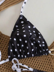 Black Polka Dot Print Micro Bikini Metal Chain Push Up Bra Hollow Out Thong Swimsuit Beach Bathing Suit Swimwear