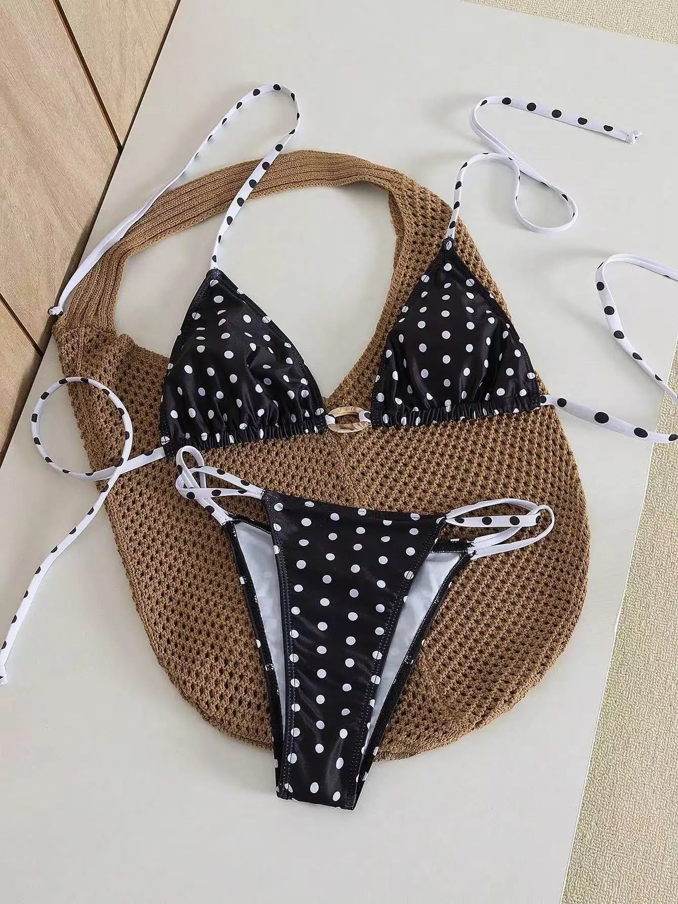 Black Polka Dot Print Micro Bikini Metal Chain Push Up Bra Hollow Out Thong Swimsuit Beach Bathing Suit Swimwear