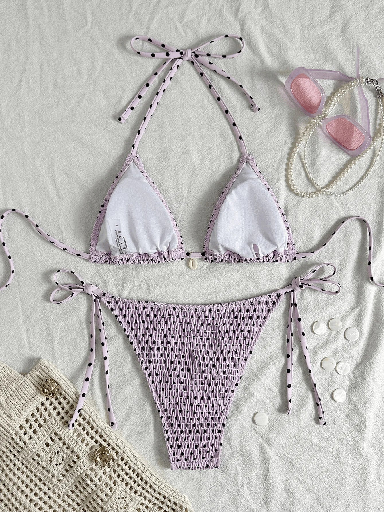 Black Polka Dot Print Micro Bikini Shell Pleate Push Up Bra Tie Side Thong Swimsuit Beach Bathing Suit Swimwear