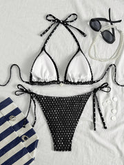 Black Polka Dot Print Micro Bikini Shell Pleate Push Up Bra Tie Side Thong Swimsuit Beach Bathing Suit Swimwear