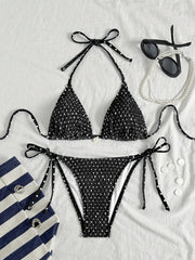 Black Polka Dot Print Micro Bikini Shell Pleate Push Up Bra Tie Side Thong Swimsuit Beach Bathing Suit Swimwear