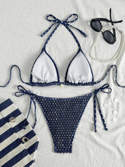 Black Polka Dot Print Micro Bikini Shell Pleate Push Up Bra Tie Side Thong Swimsuit Beach Bathing Suit Swimwear