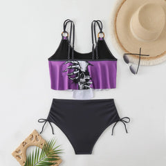 Black Skull Print Bikini Swimwear Hollow Out Push Up Crop Top Drawstring Side High Waist Swimsuit Bathing Suit
