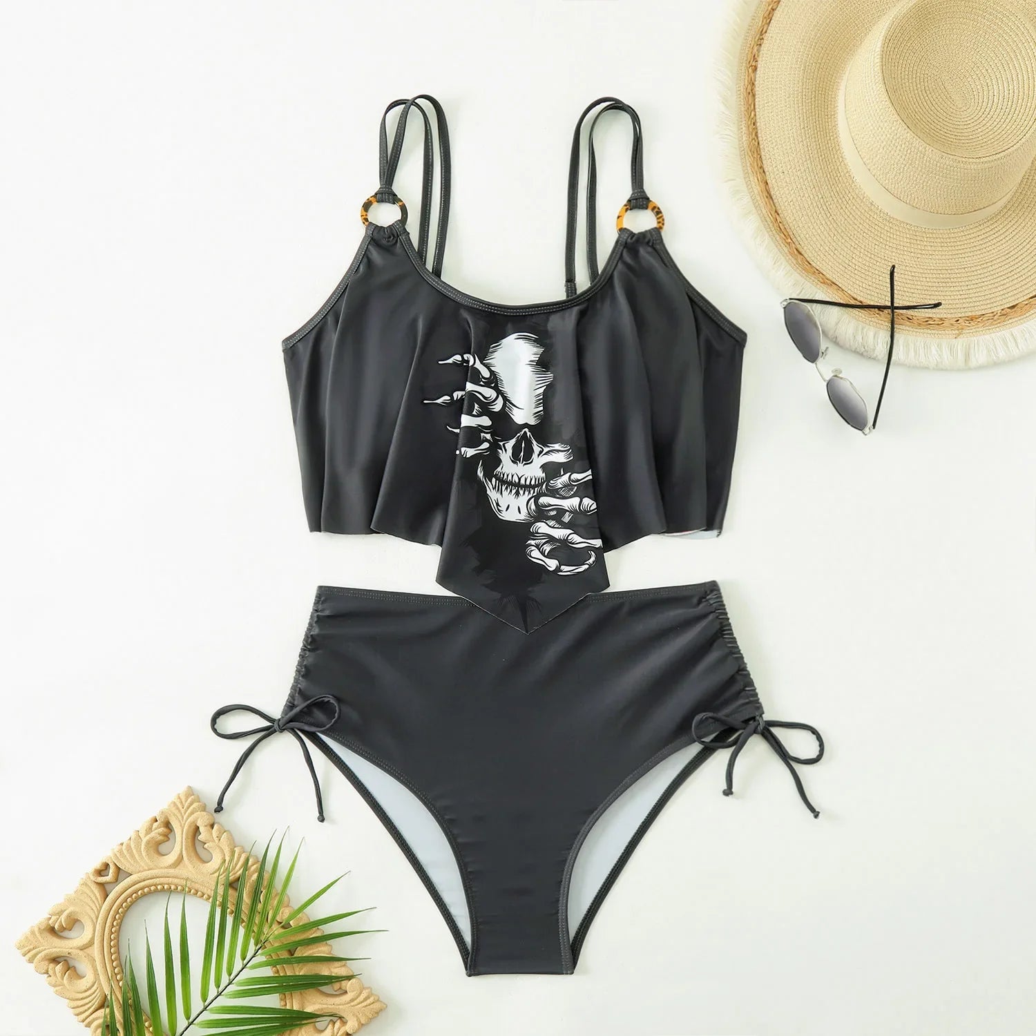 Black Skull Print Bikini Swimwear Hollow Out Push Up Crop Top Drawstring Side High Waist Swimsuit Bathing Suit