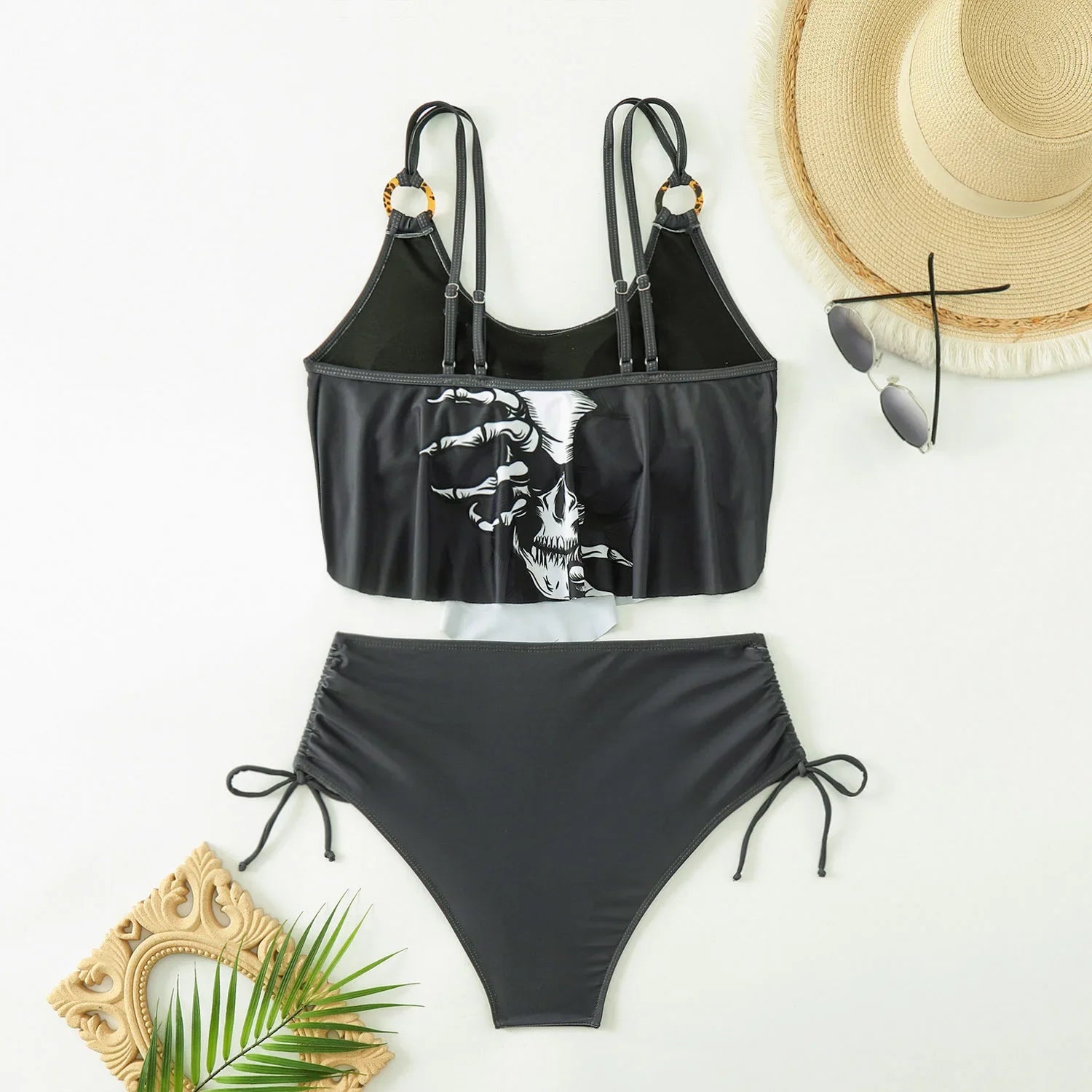 Black Skull Print Bikini Swimwear Hollow Out Push Up Crop Top Drawstring Side High Waist Swimsuit Bathing Suit