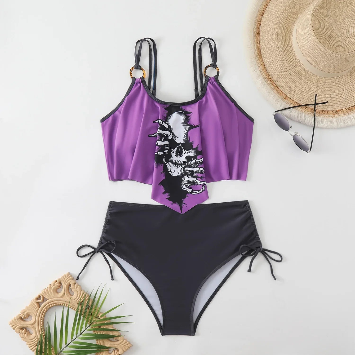 Black Skull Print Bikini Swimwear Hollow Out Push Up Crop Top Drawstring Side High Waist Swimsuit Bathing Suit