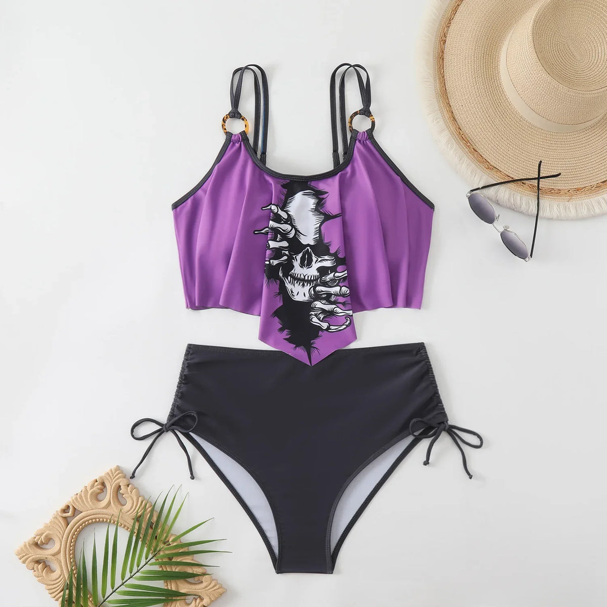 Black Skull Print Bikini Swimwear Hollow Out Push Up Crop Top Drawstring Side High Waist Swimsuit Bathing Suit