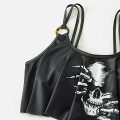 Black Skull Print Bikini Swimwear Hollow Out Push Up Crop Top Drawstring Side High Waist Swimsuit Bathing Suit
