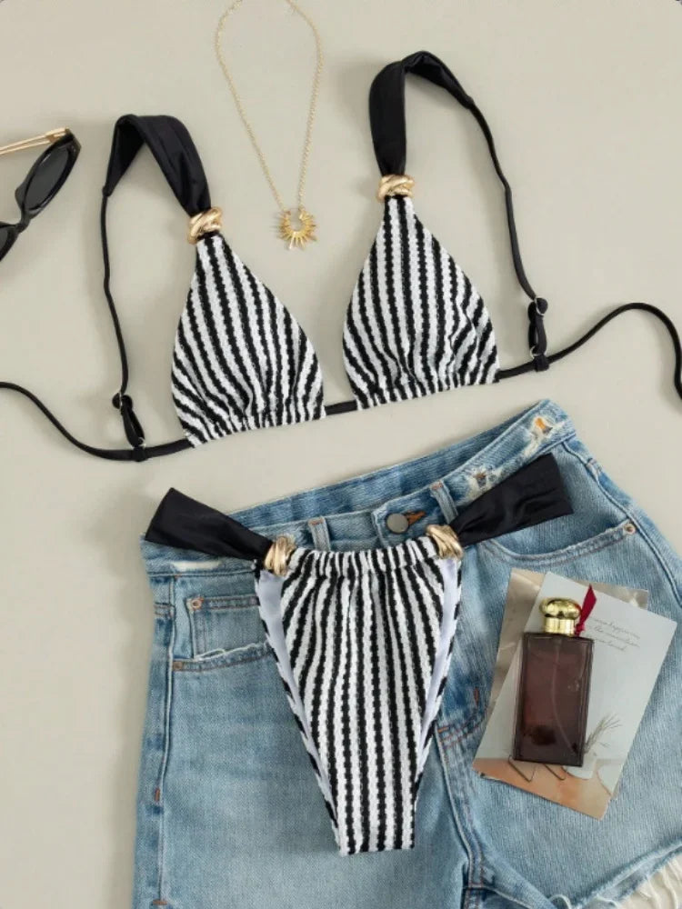 Black Striped Bikini Set