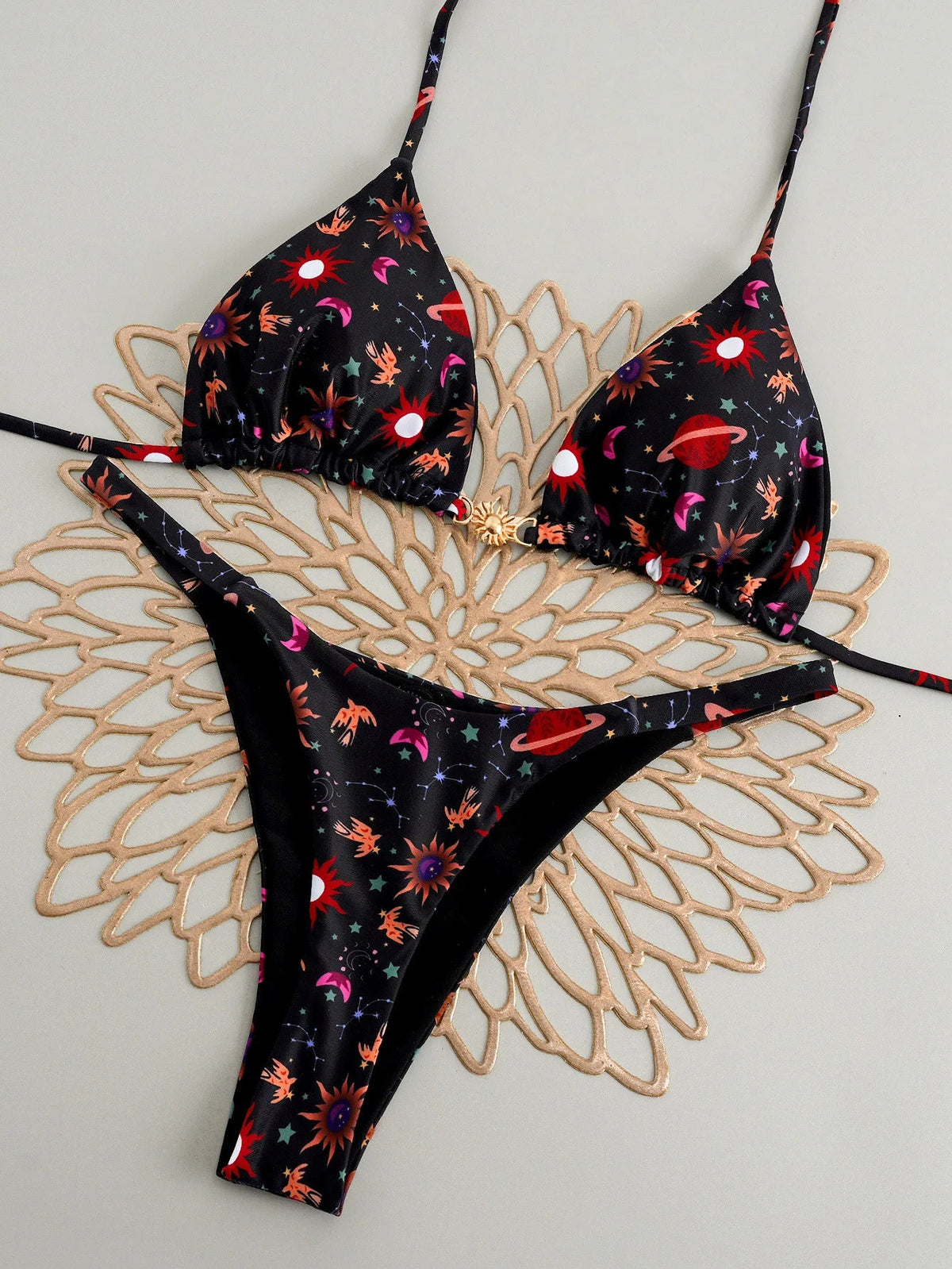 Black Sun Print Micro Bikini Halter Push Up Bra Triangle Swimsuit Brazilian Beach Bathing Suit Swimwear Biquini