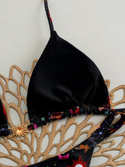 Black Sun Print Micro Bikini Halter Push Up Bra Triangle Swimsuit Brazilian Beach Bathing Suit Swimwear Biquini
