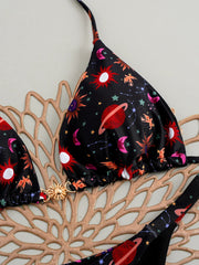 Black Sun Print Micro Bikini Halter Push Up Bra Triangle Swimsuit Brazilian Beach Bathing Suit Swimwear Biquini