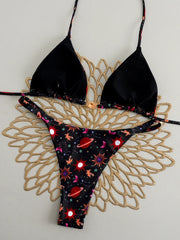 Black Sun Print Micro Bikini Halter Push Up Bra Triangle Swimsuit Brazilian Beach Bathing Suit Swimwear Biquini