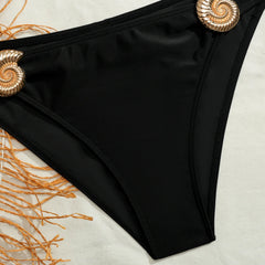 Black Swimwear Metal Circle Ornament Hollow Push Up High Waist Bikini Set