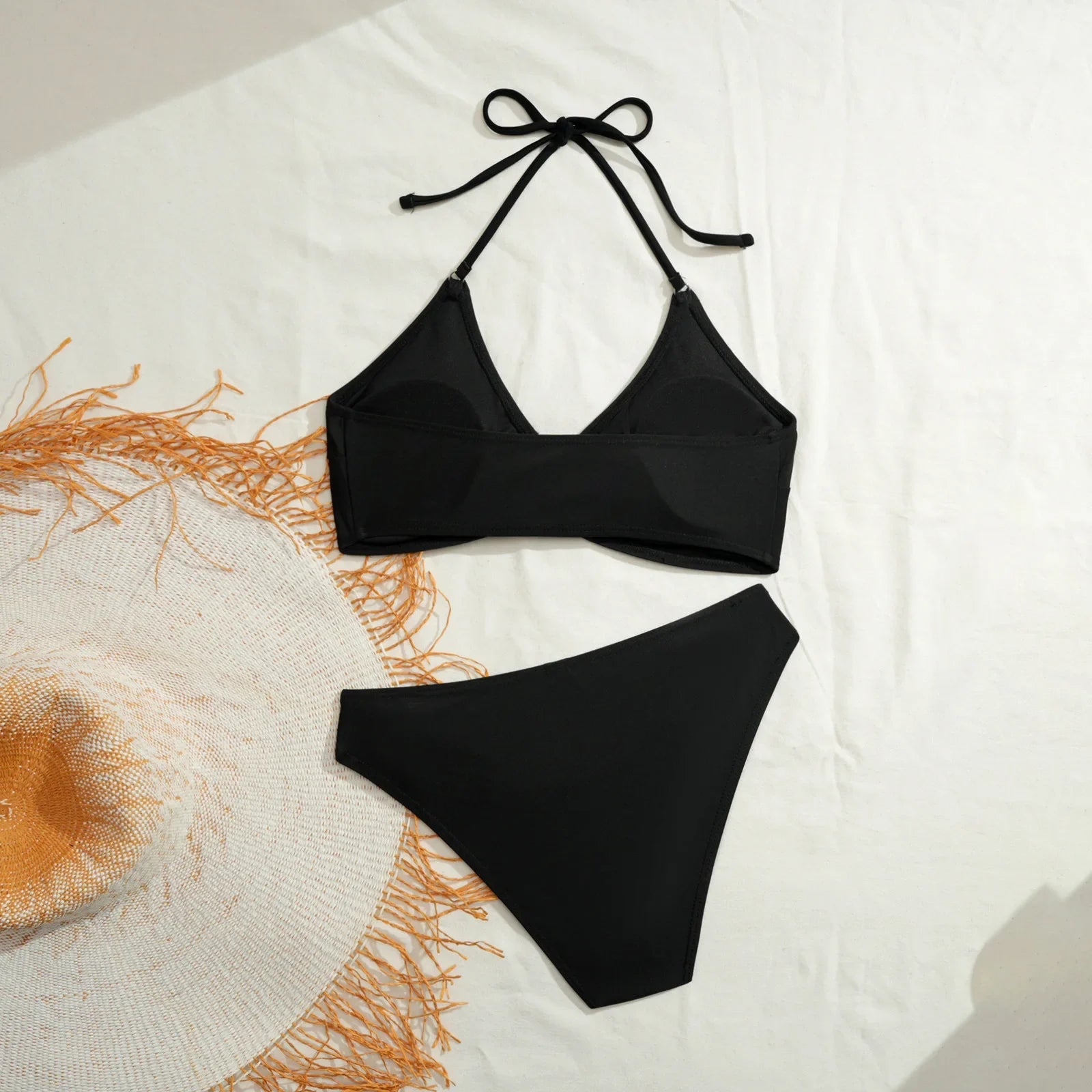 Black Swimwear Metal Circle Ornament Hollow Push Up High Waist Bikini Set