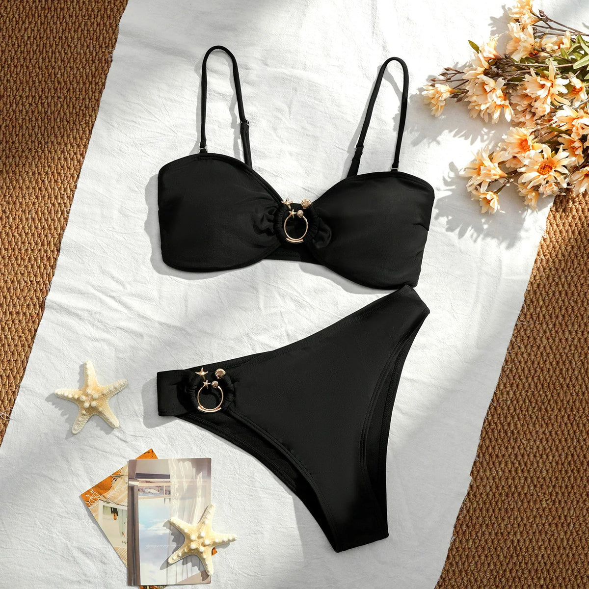 Black Swimwear Mujer Metal Circle Chain High Waist Bikini Set
