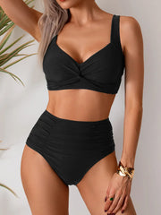 Black Two Piece Swimsuit Cross Pleate Push Up Padded Bikini Set