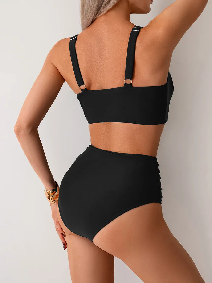 Black Two Piece Swimsuit Cross Pleate Push Up Padded Bikini Set