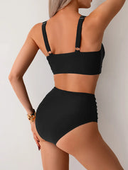 Black Two Piece Swimsuit Cross Pleate Push Up Padded Bikini Set