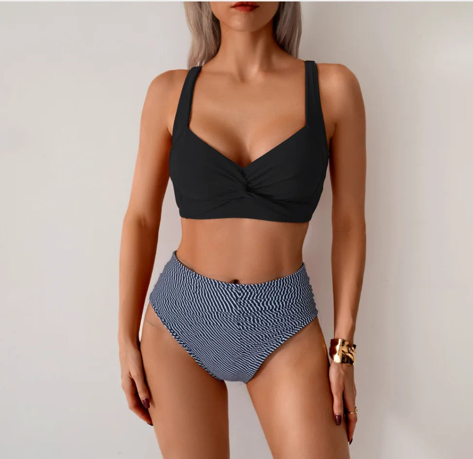 Black Two Piece Swimsuit Cross Pleate Push Up Padded Bikini Set