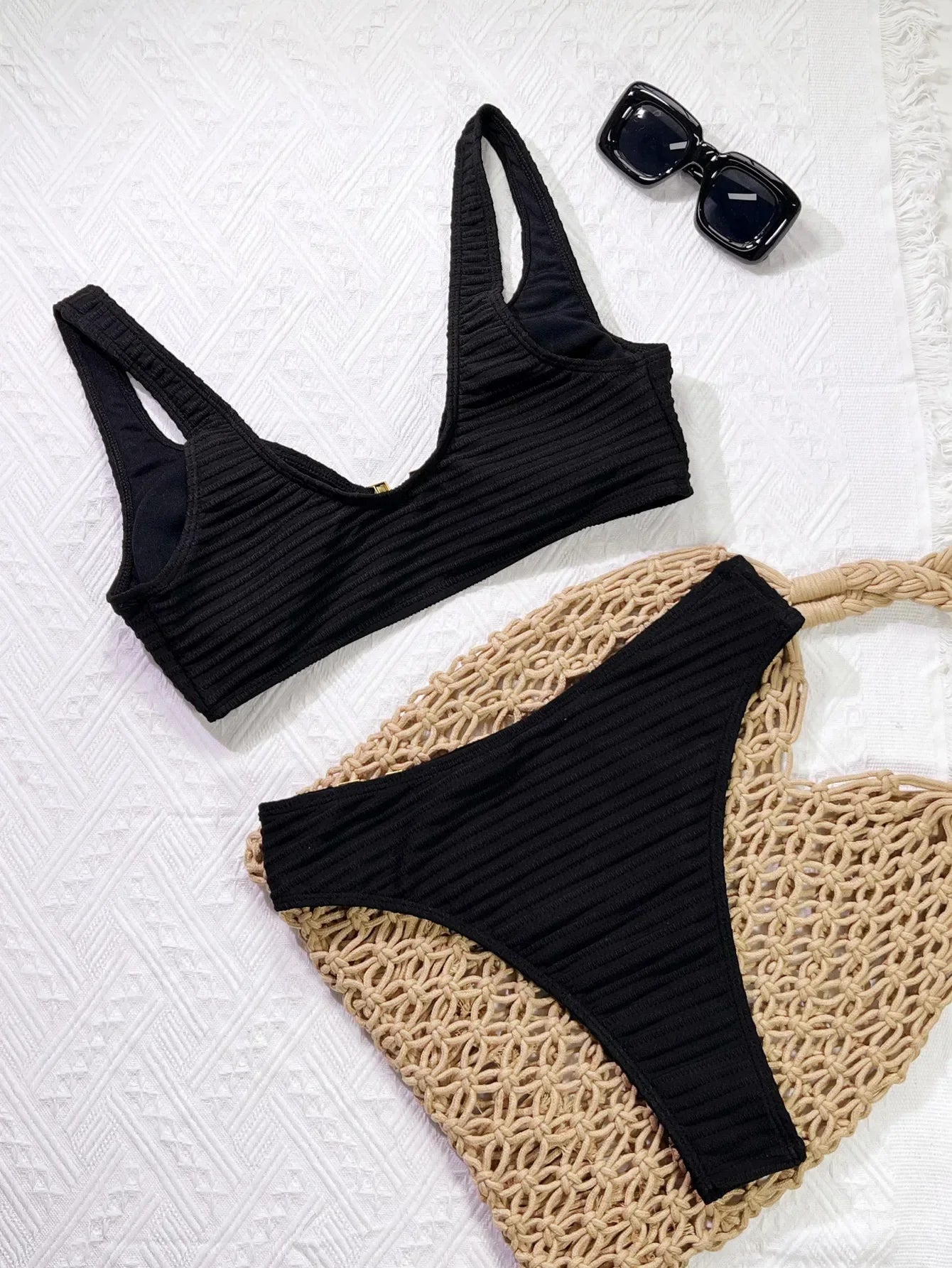 Black V Neck Bikini Ribbed Push Up Metal High Waist Swimsuit Holiday Bathing Suit Two Piece Swimwear