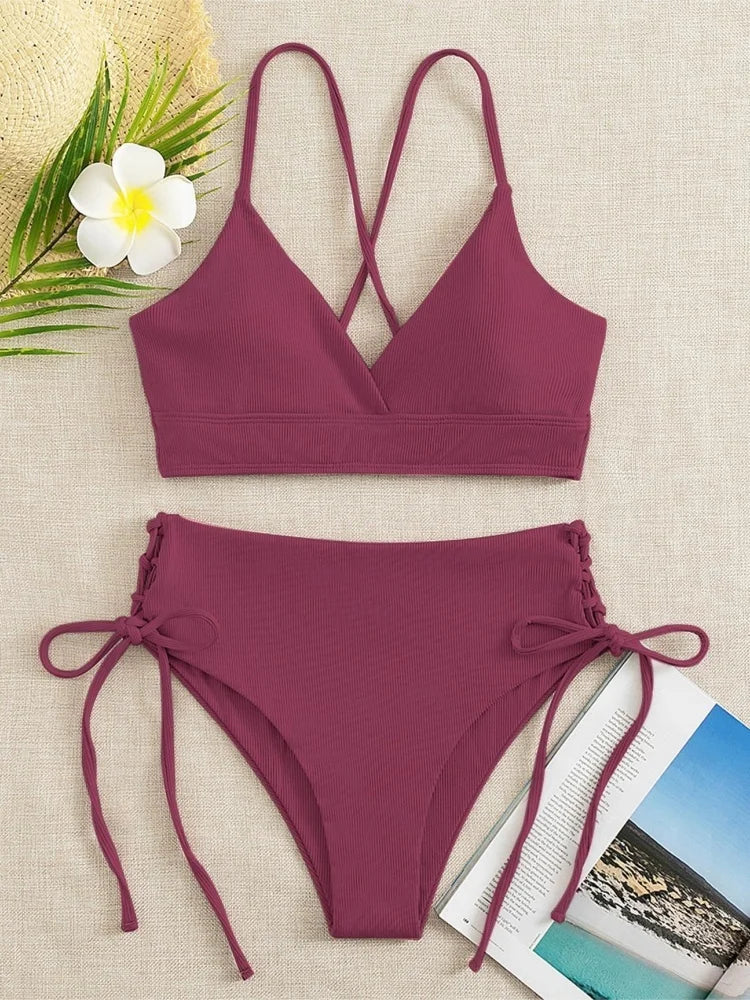 Black V Neck Bikini Set