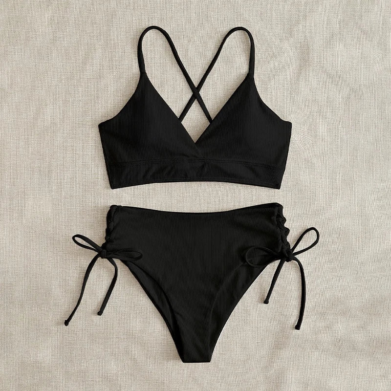 Black V Neck Bikini Set