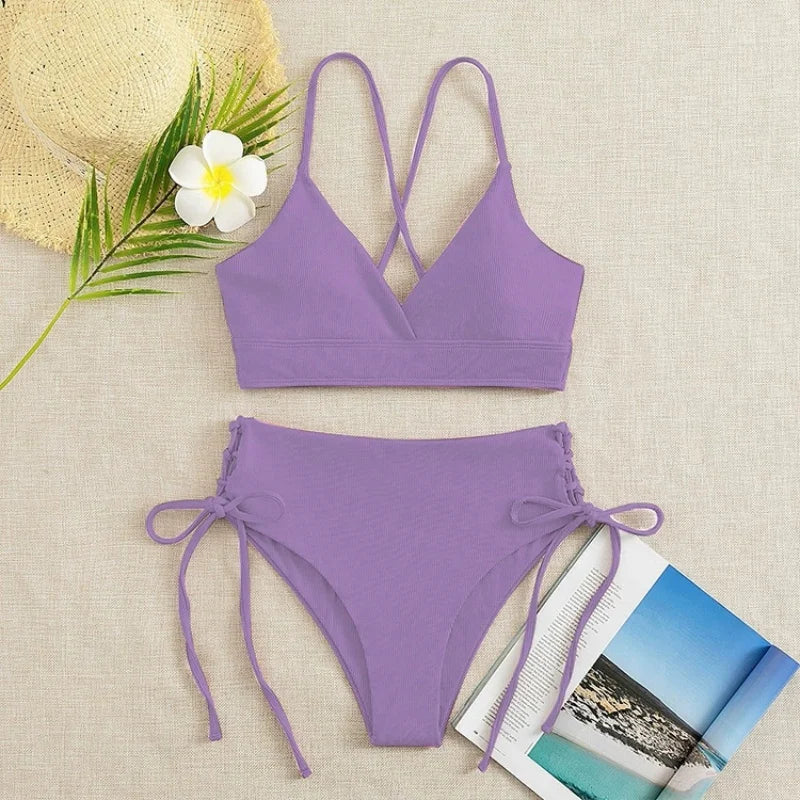 Black V Neck Bikini Set