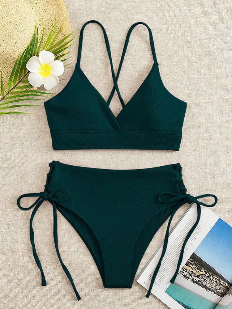 Black V Neck Bikini Set