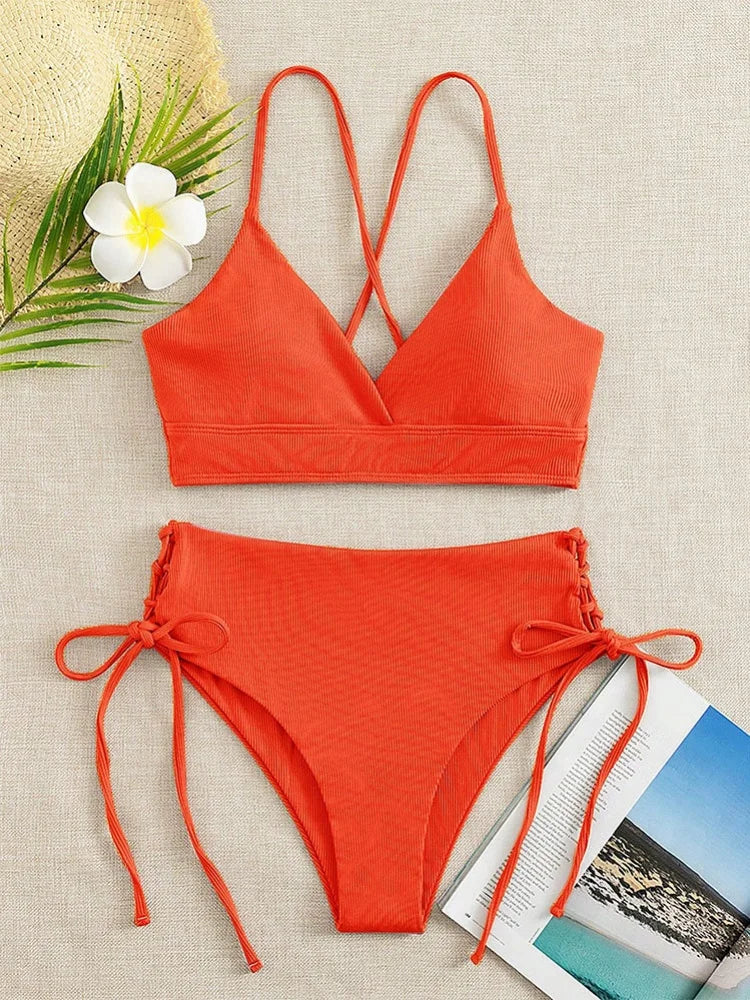 Black V Neck Bikini Set