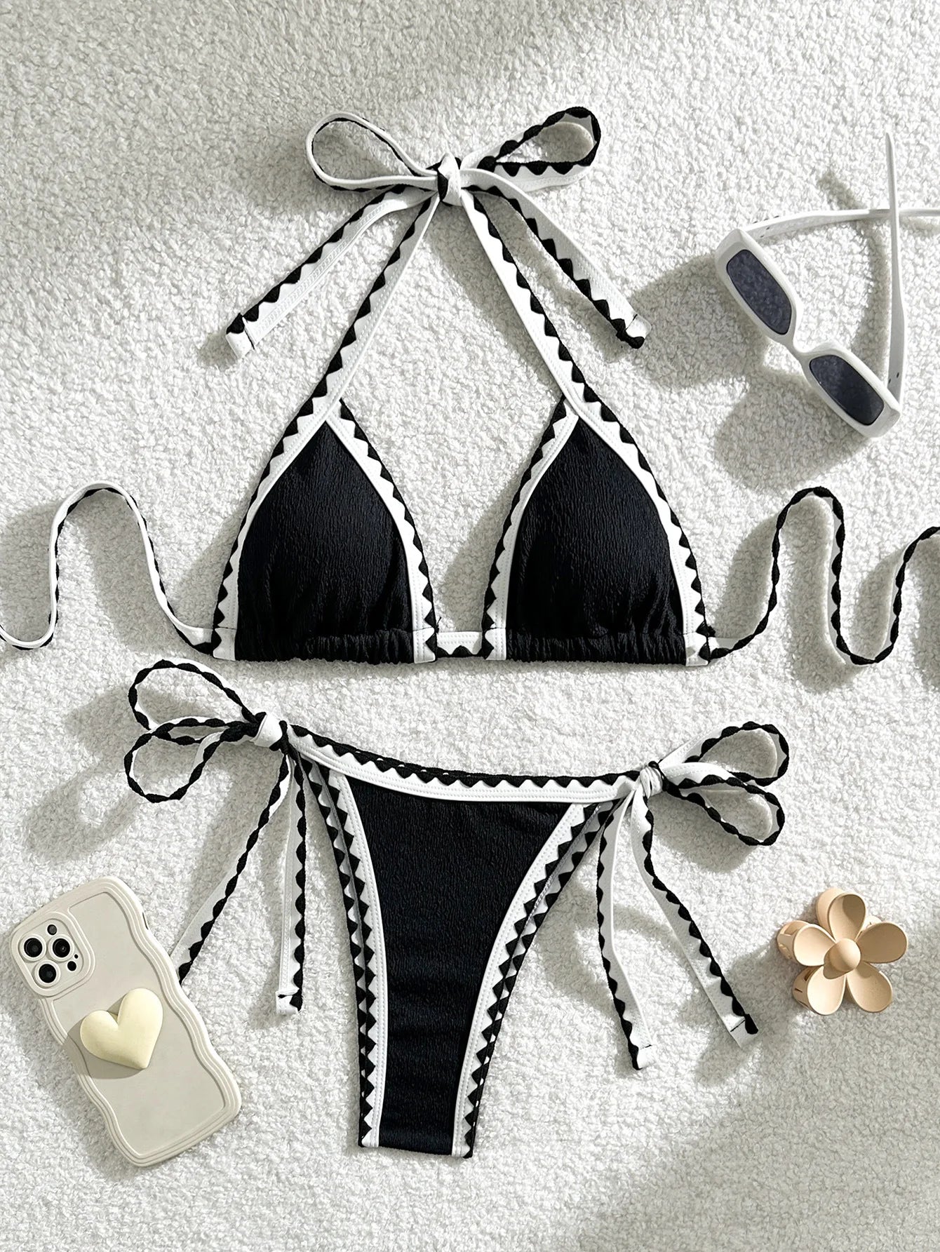 Black White Contrast Bikini Set