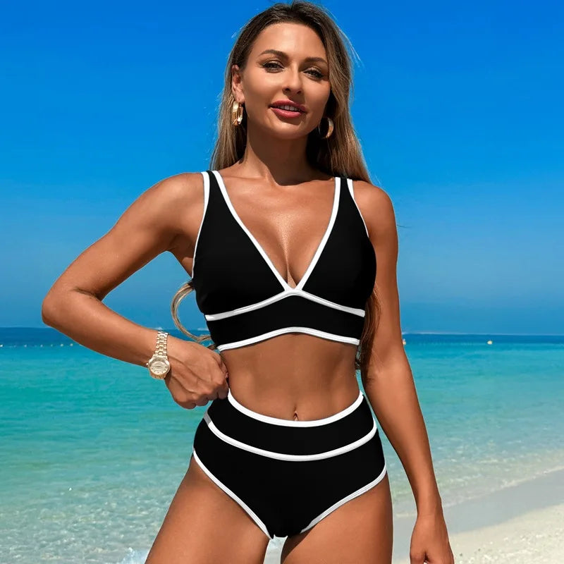 Black White Contrast Swimsuit High Waist Bikini Set