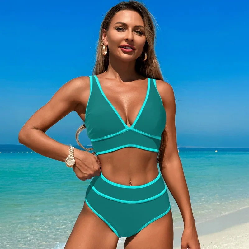 Black White Contrast Swimsuit High Waist Bikini Set