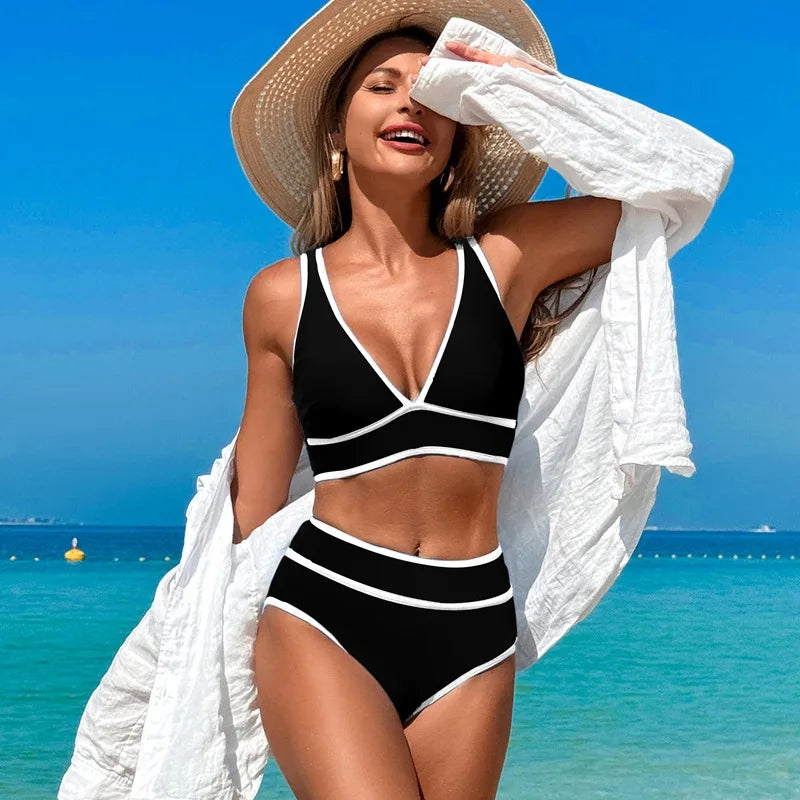 Black White Contrast Swimsuit High Waist Bikini Set