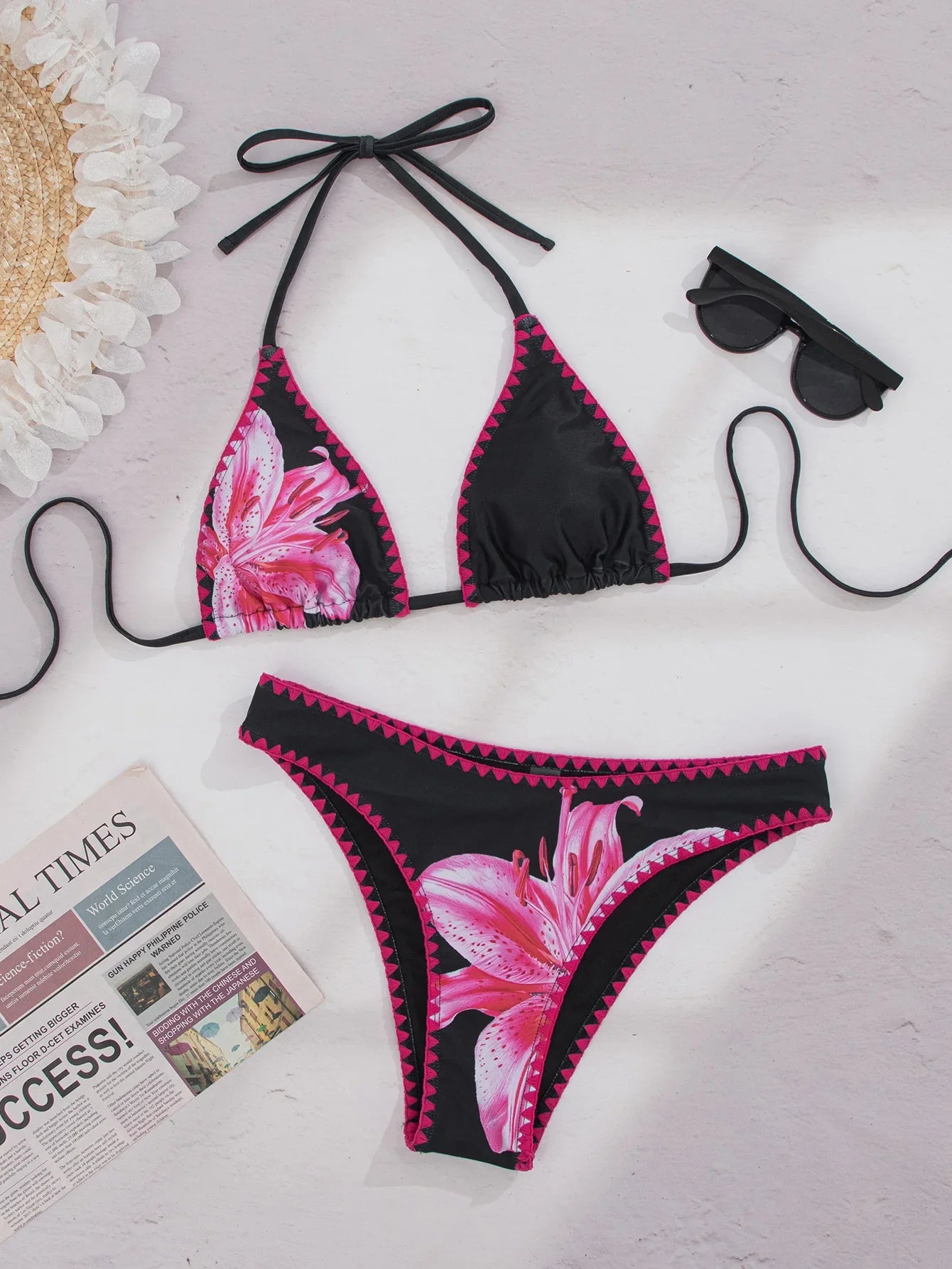 Black White Floral Print Swimwear Shell Push Up Bra Thong Bikini Brazilian Bathing Suit Vacation Swimsuit
