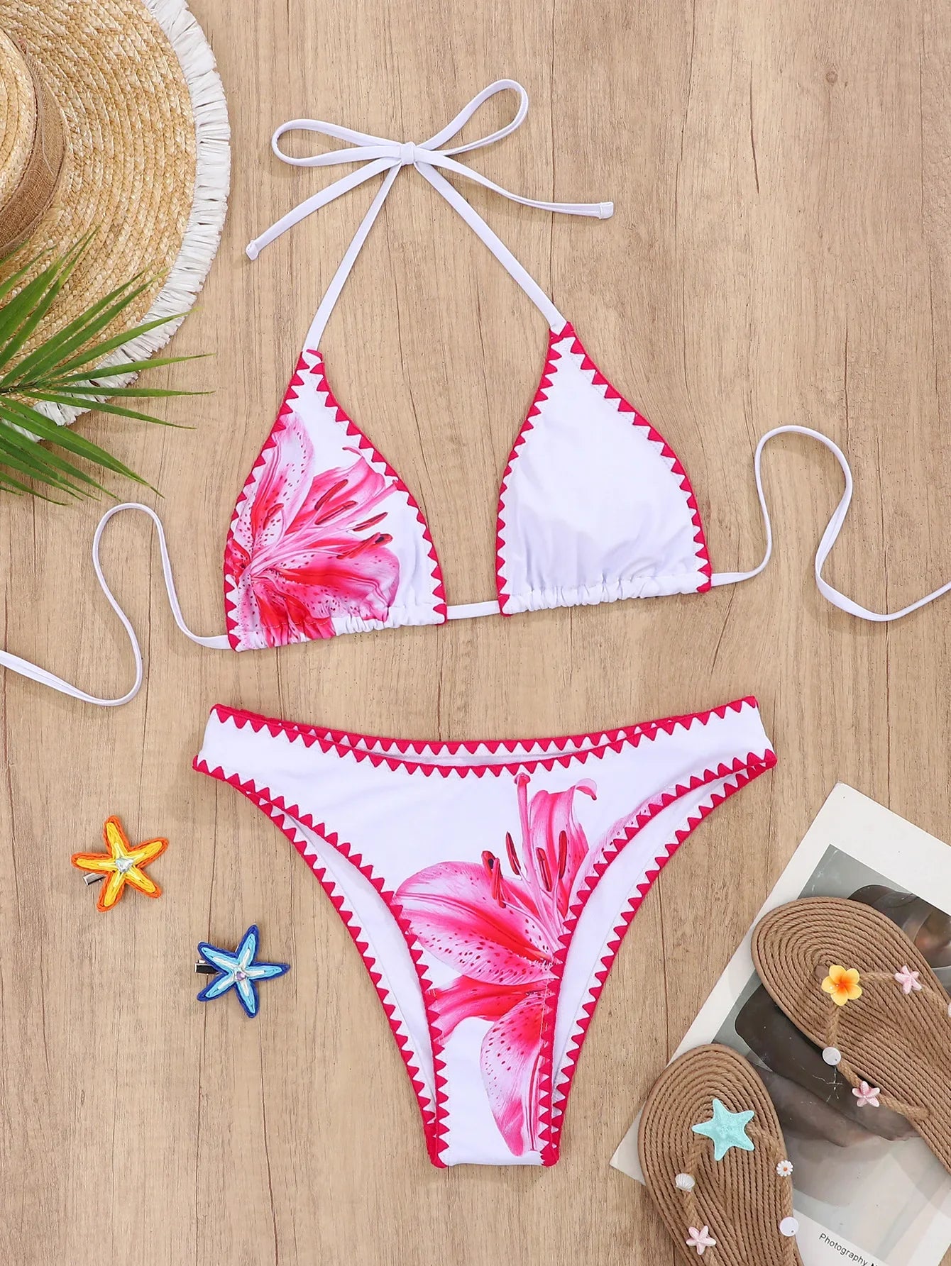 Black White Floral Print Swimwear Shell Push Up Bra Thong Bikini Brazilian Bathing Suit Vacation Swimsuit