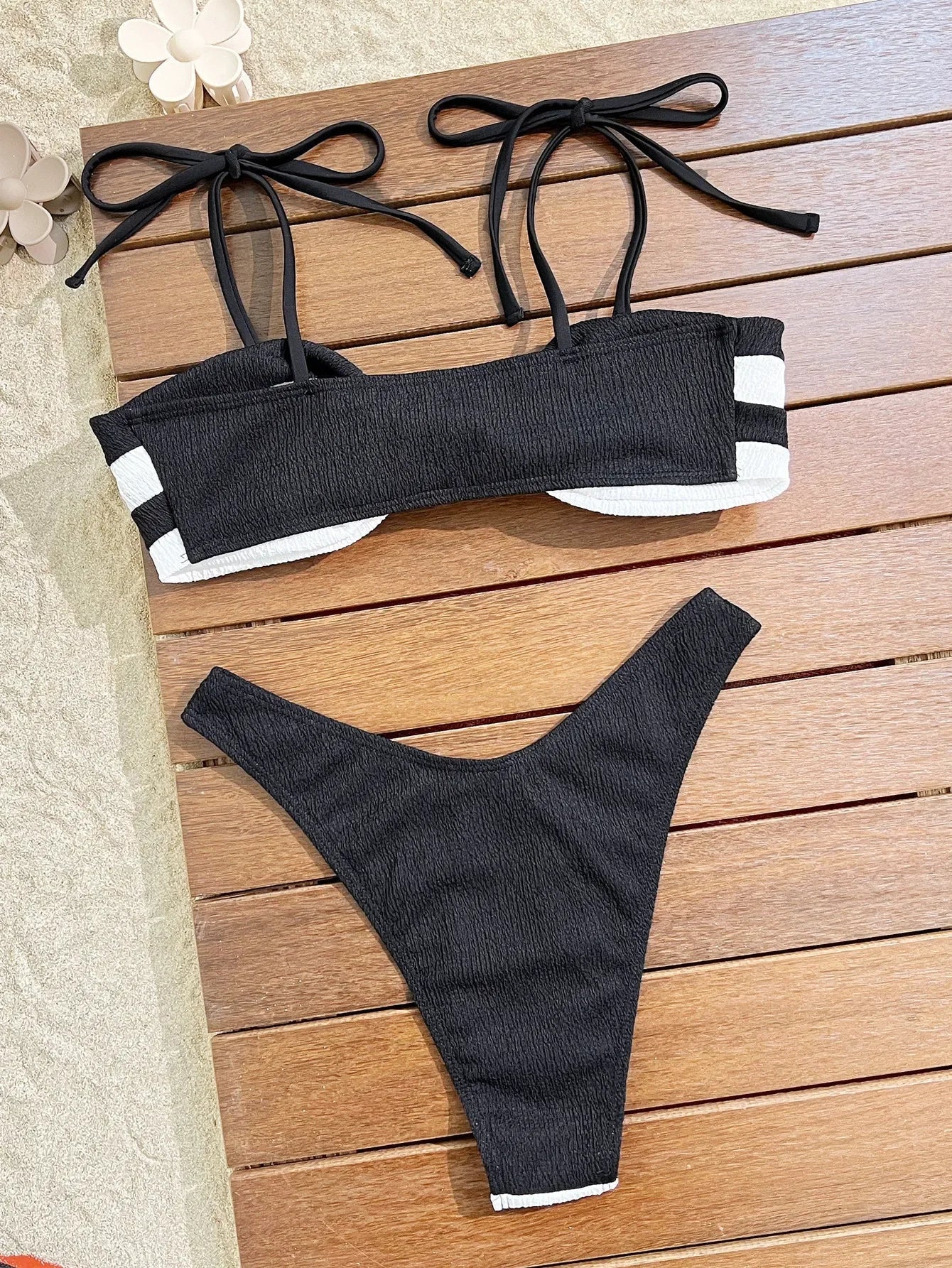 Black White Patchwork Bikini Striped Front Bow Push Up Micro Swimsuit Bathing Suit Thong Swimwear Biquini