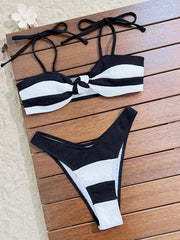 Black White Patchwork Bikini Striped Front Bow Push Up Micro Swimsuit Bathing Suit Thong Swimwear Biquini