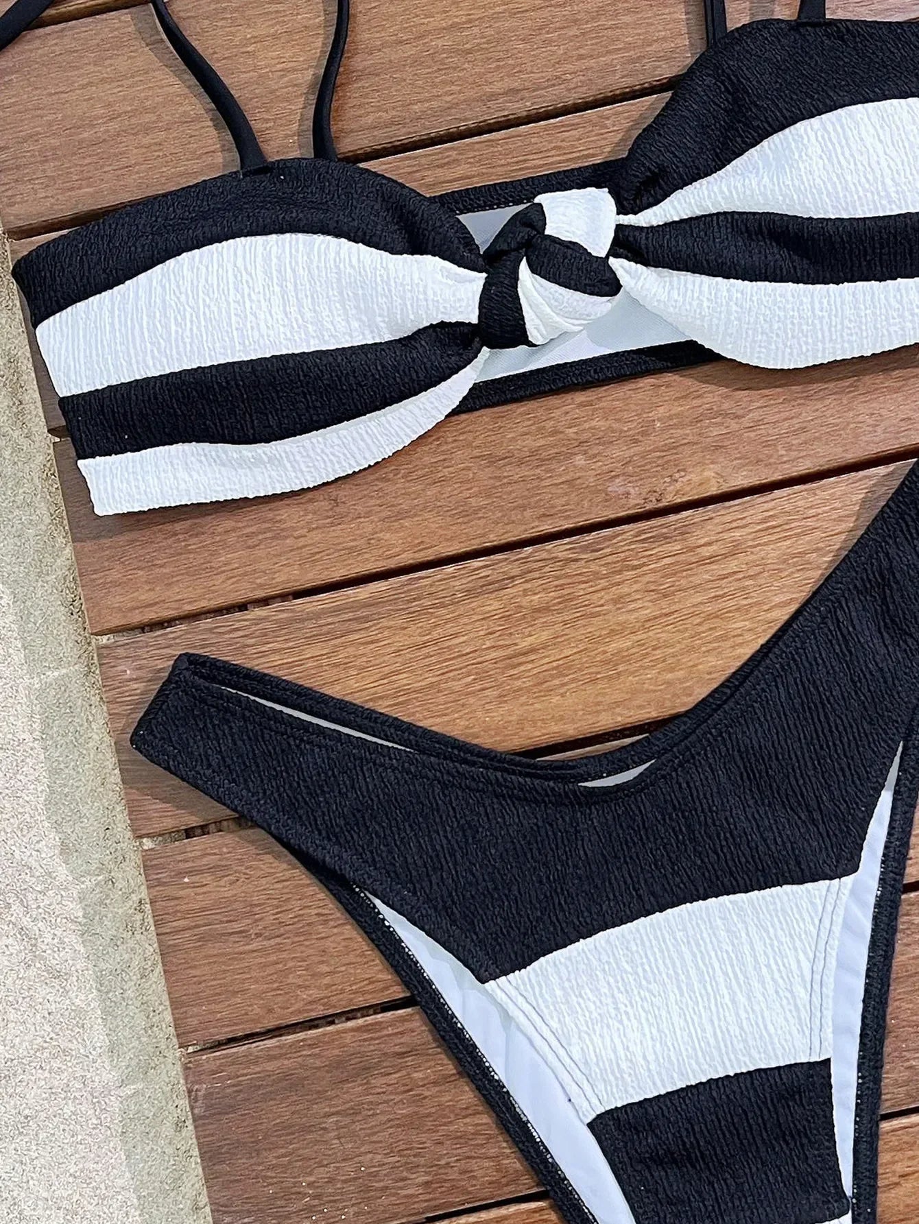 Black White Patchwork Bikini Striped Front Bow Push Up Micro Swimsuit Bathing Suit Thong Swimwear Biquini