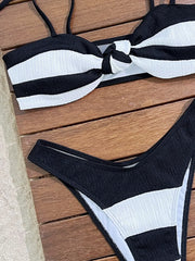 Black White Patchwork Bikini Striped Front Bow Push Up Micro Swimsuit Bathing Suit Thong Swimwear Biquini