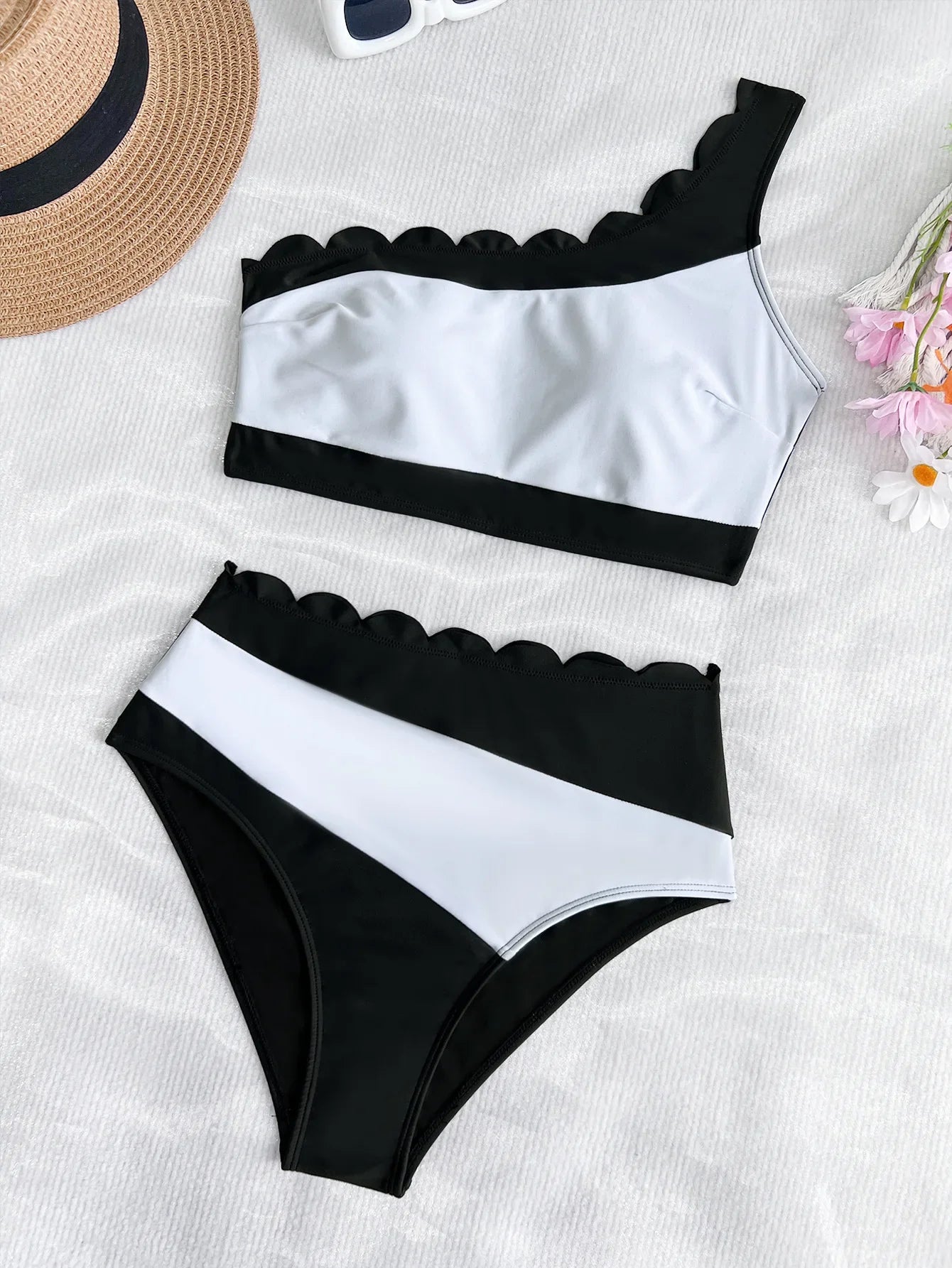 Black White Patchwork Bikini Ruffles One Shoulder Push Up High Waist Swimsuit Bathing Suit Vacation Swimwear
