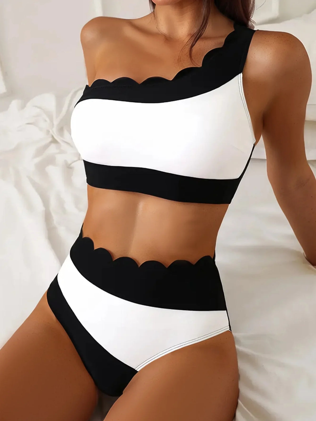 Black White Patchwork Bikini Ruffles One Shoulder Push Up High Waist Swimsuit Bathing Suit Vacation Swimwear