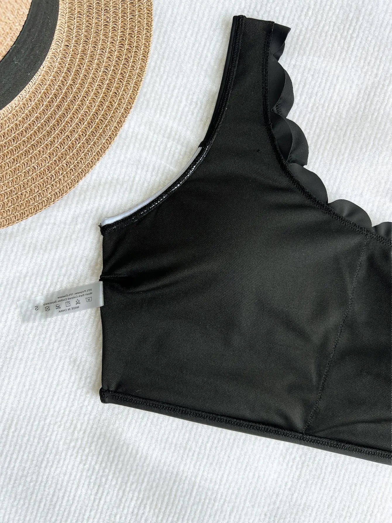 Black White Patchwork Bikini Ruffles One Shoulder Push Up High Waist Swimsuit Bathing Suit Vacation Swimwear