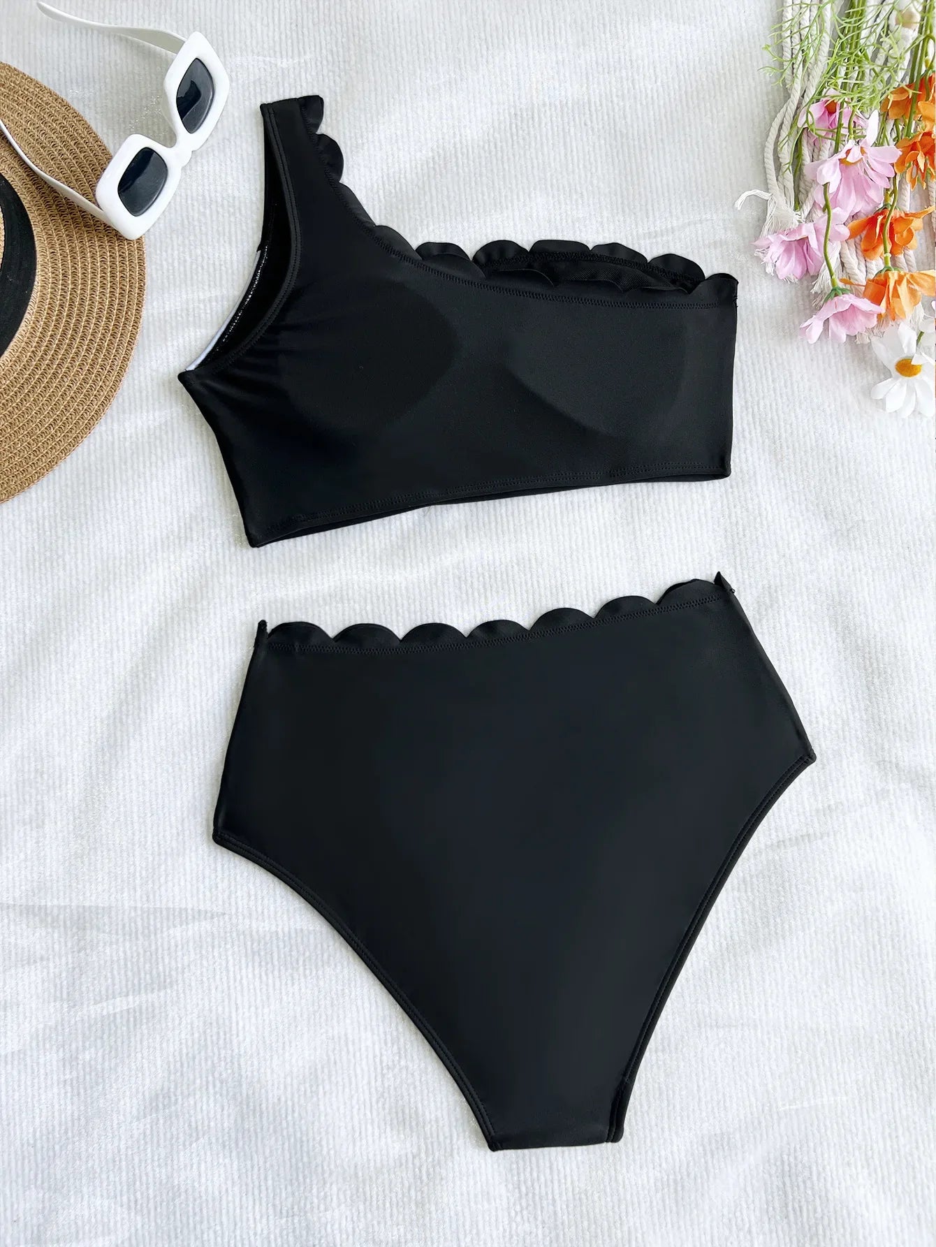 Black White Patchwork Bikini Ruffles One Shoulder Push Up High Waist Swimsuit Bathing Suit Vacation Swimwear