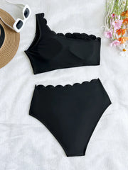 Black White Patchwork Bikini Ruffles One Shoulder Push Up High Waist Swimsuit Bathing Suit Vacation Swimwear